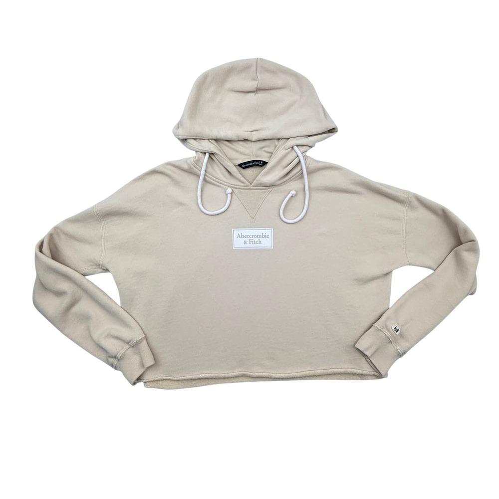 Abercrombie & Fitch Hoodie Womens Medium Tan Cropped Logo Raw Hem
